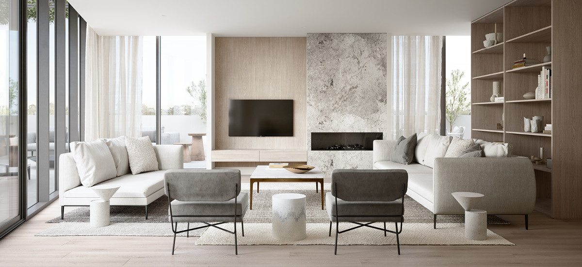 glenarm square glen iris apartment and development sustainable residential eco conscious lifestyle melbourne residential living lounge fireplace sleek contemporary hecker guthrie interior